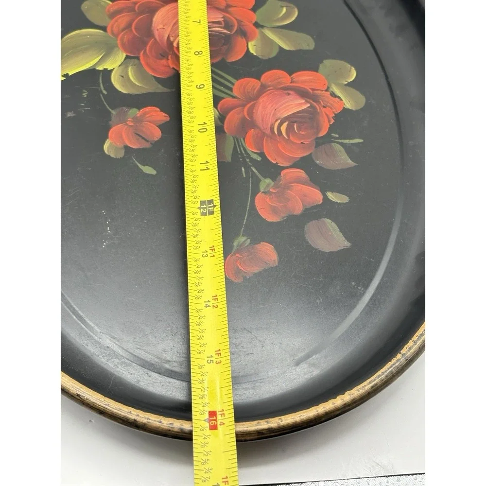 Vintage Mid Century Hand Painted Tole Metal Tray Rose Floral 16" Philadelphia - Picture 7 of 9